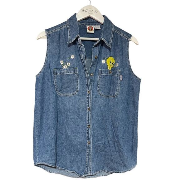 Looney Tunes Vintage Sleeveless Denim Top 90’s Tweety Bird Medium EUC - Picture 1 of 12